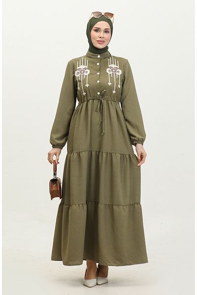 sefamerve Khaki Embroidered Drawstring Belted Dress - 0382-01