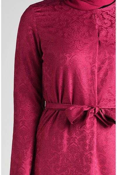 sefamerve Plum Jacquard and Belted Dress - 6473-02
