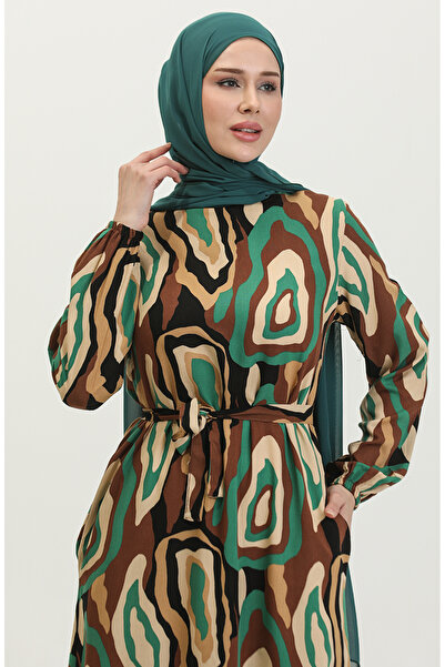 sefamerve Viscose Patterned Brown-Emerald Green Dress 0390-02