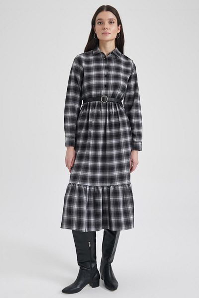DeFacto Flannel Midi Shirt Collar Long Sleeve Dress - Y9361az22au