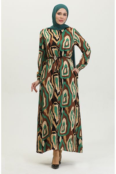sefamerve Viscose Patterned Brown-Emerald Green Dress 0390-02