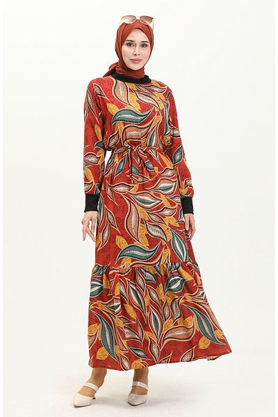 sefamerve Brick Color Viscose Dress - 0012-02 Ribbed