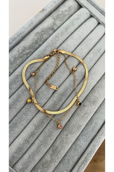 SU PERİSİ TAKI BİJUTERİ Steel Gold Italian Chain and Colorful Zircon Stone Chain Detailed Anklet