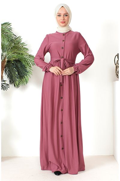 sefamerve Dried Rose Button Detailed Belted Dress - 7878-10