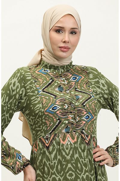 sefamerve Khaki Dried Rose Patterned Viscose Dress - Half Button 0308-04