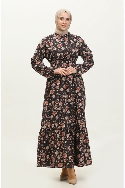 sefamerve Black Belted Floral Patterned Dress - 0316-02