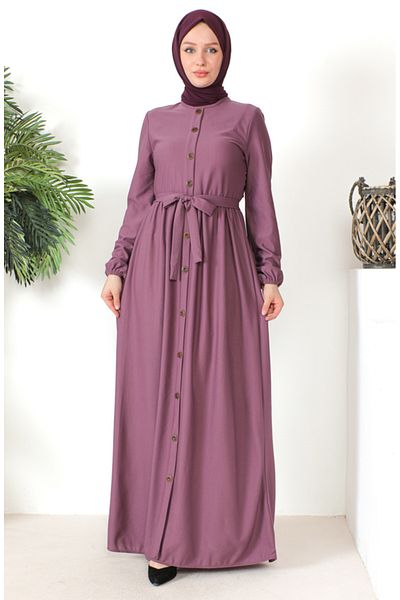 sefamerve Lilac Belted and Button Detailed Dress 7878-05
