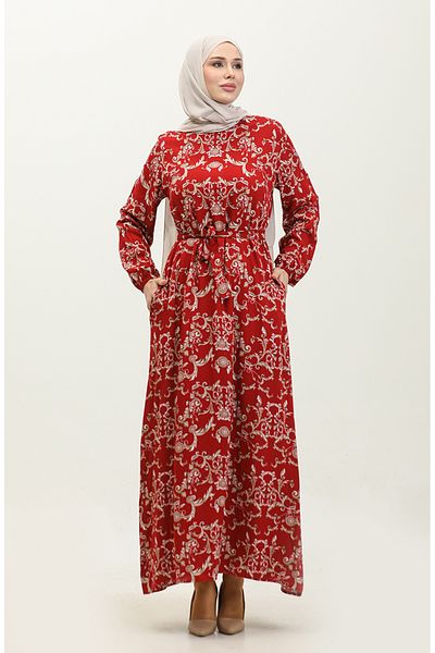 sefamerve Claret Red Viscose Dress - Hümeyra Patterned, Model 0322-05