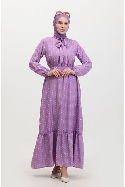 sefamerve Fliederfarbenes Kleid mit Schärpe und Druckknopfmuster – 0383-05