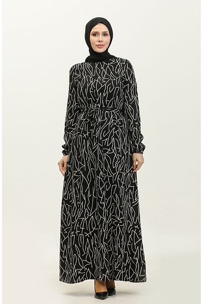 sefamerve Black Viscose Belted Patterned Dress - 2067-01