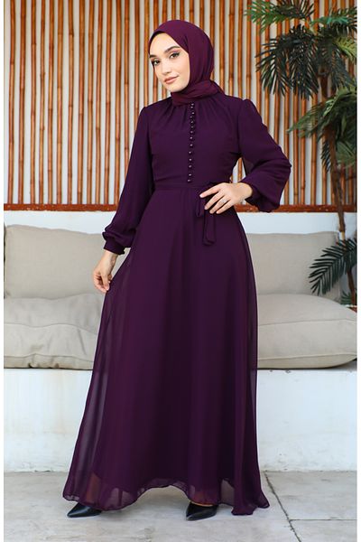 sefamerve Chiffon-Abendkleid mit Knopfdetail 5695-16 Dunkelviolett