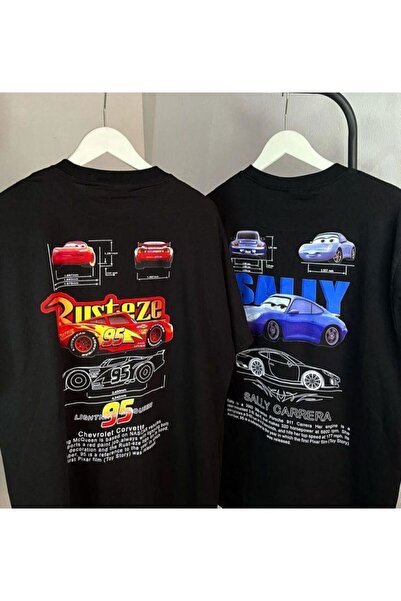 JoneBase Unisex Rusteze Şimşek Mcqueen- Sally Cars Çift Kombini Oversize Tshirt 2'li %100 Pamuk