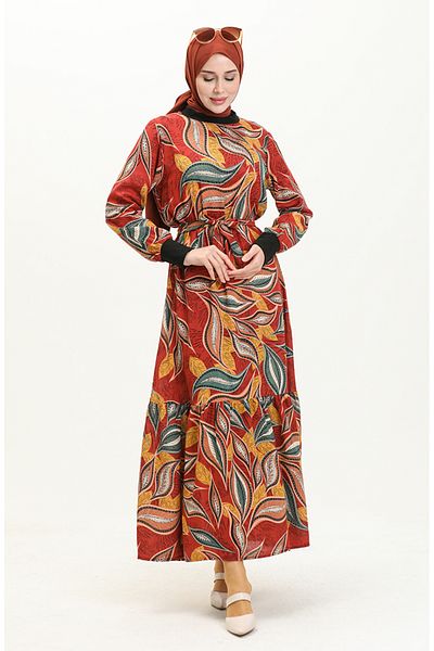 sefamerve Brick Color Viscose Dress - 0012-02 Ribbed