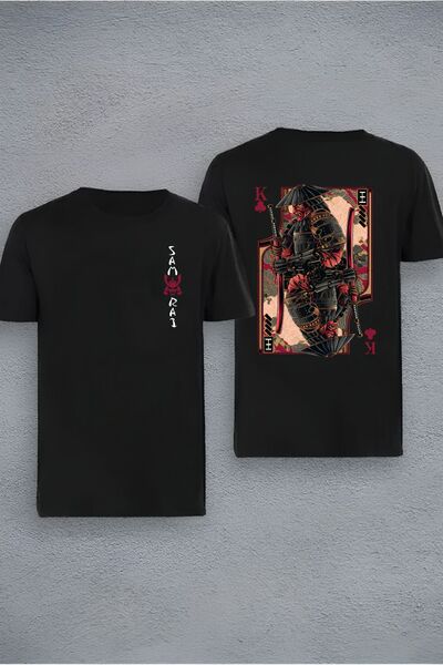 JoneBase تي شيرت قطني كبير الحجم مطبوع عليه ساموراي للجنسين - كم قصير