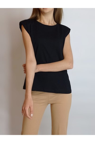 oyagüler WOMEN'S BLACK PADDED SLEEVE- BASIC BASIC T-SHIRT YY101128