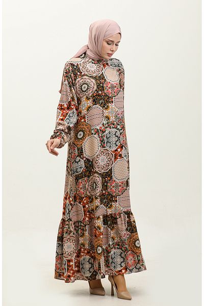 sefamerve Khaki Dried Rose Viscose Dress - Erva 0335-02, Buttoned Skirt