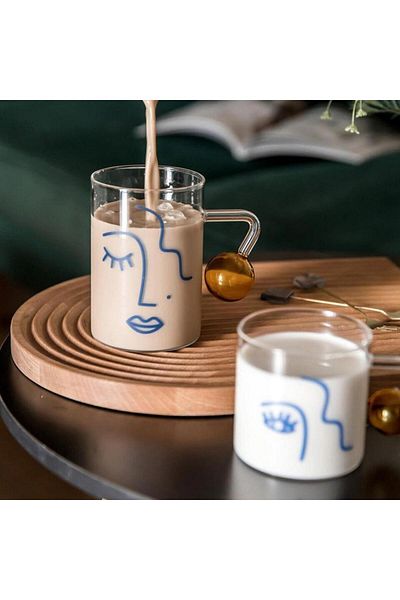 HB LİFE Heat Resistant Abstract Abstract Design Beaded Glass with Handle |   Coffee and Presentation Cup - 1 Pcs