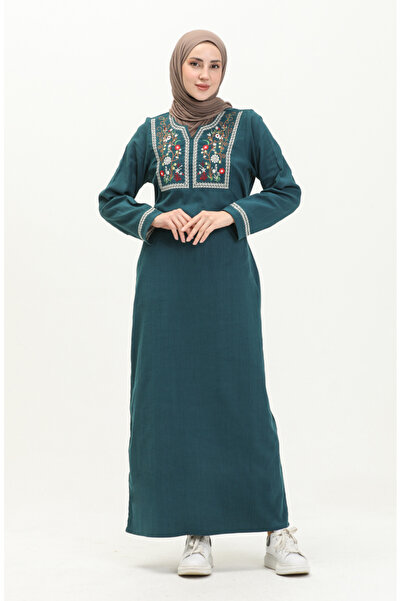 sefamerve Nakışlı Şile Bezi Elbise 6000-07 Petrol