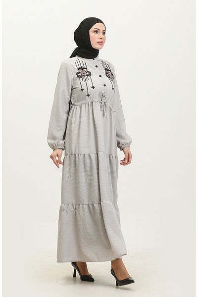 sefamerve Gray Embroidered Drawstring Belt Dress - 0382-02