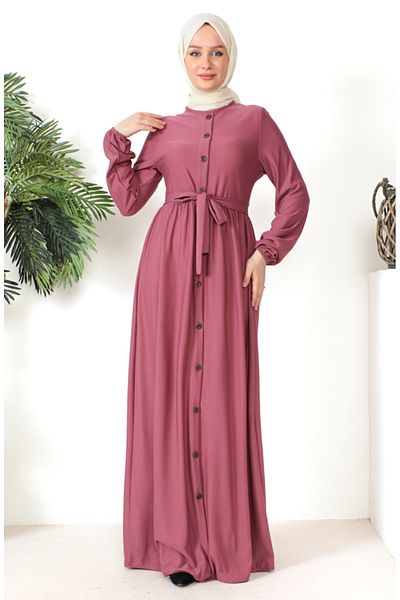 sefamerve Dried Rose Button Detailed Belted Dress - 7878-10