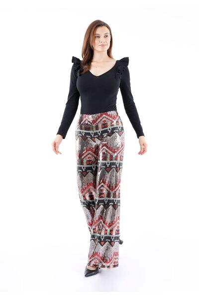 Guzella Geometrik Şekilli Payetli Karışık Renkli Bol Paça Pantolon