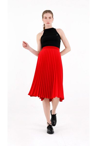 G-Line High Waist Red Midi Pleated Skirt - Elastic Waist