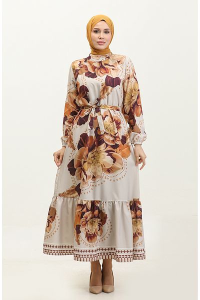 sefamerve Beige Brown Floral Patterned Crepe Dress - 0350-03