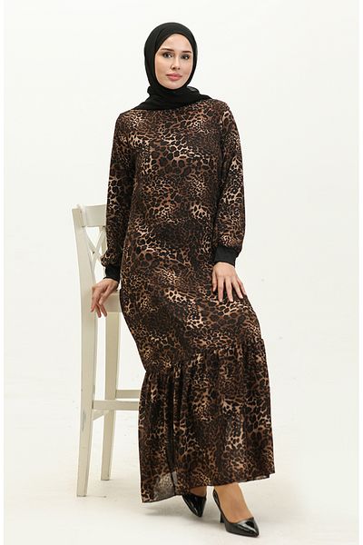 sefamerve Patterned Ribbed Voile Brown Dress - 0129I-01