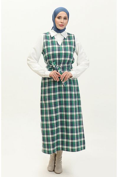 sefamerve Green Indigo Tweed Plaid Gilet - 0255-04