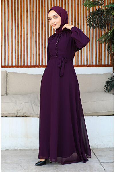 sefamerve Βραδινό φόρεμα σιφόν με λεπτομέρεια με κουμπιά 5695-16 Σκούρο Μωβ