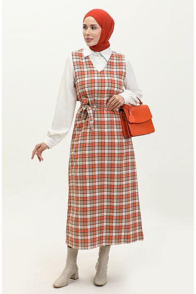sefamerve Tile Mink Plaid Patterned Gilet - 0255-02
