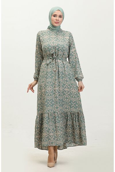 sefamerve Green Viscose Patterned Dress - 0362-02