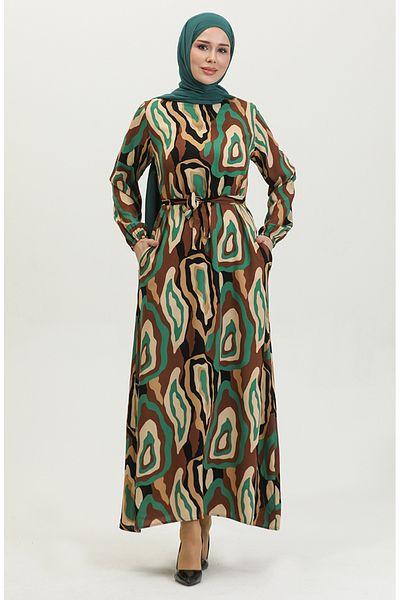 sefamerve Viscose Patterned Brown-Emerald Green Dress 0390-02
