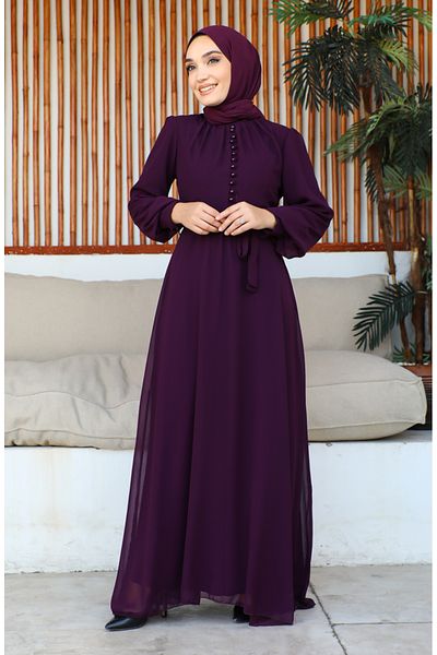sefamerve Chiffon-Abendkleid mit Knopfdetail 5695-16 Dunkelviolett