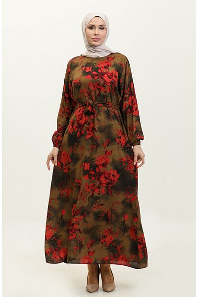 sefamerve Ahsen Viscose Dress - Floral Pattern, Henna Green and Red 0329-01