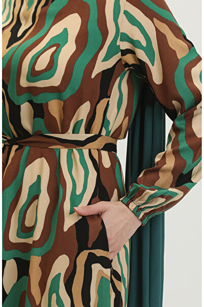 sefamerve Viscose Patterned Brown-Emerald Green Dress 0390-02