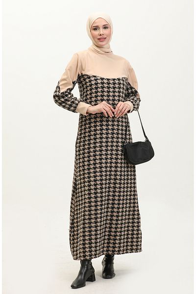 sefamerve Beige Black Houndstooth Patterned Dress - 0183-07