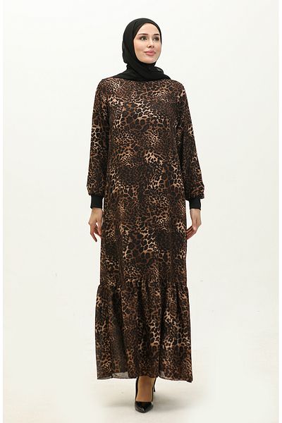 sefamerve Patterned Ribbed Voile Brown Dress - 0129I-01
