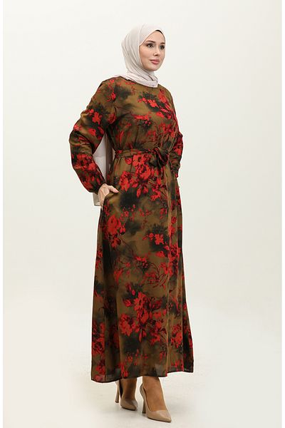 sefamerve Ahsen Viscose Dress - Floral Pattern, Henna Green and Red 0329-01