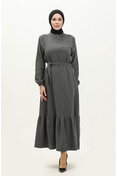 sefamerve Anthracite Tweed Belted Dress - 0258-05