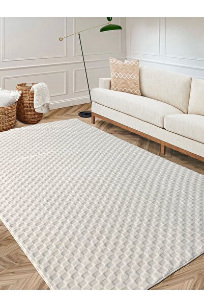 PINKIE HOME Beyaz Soft Tüylü Kabartmalı Ince Halı Salon Halısı Yatak Odası Halısı Yolluk Mutfak Halısı
