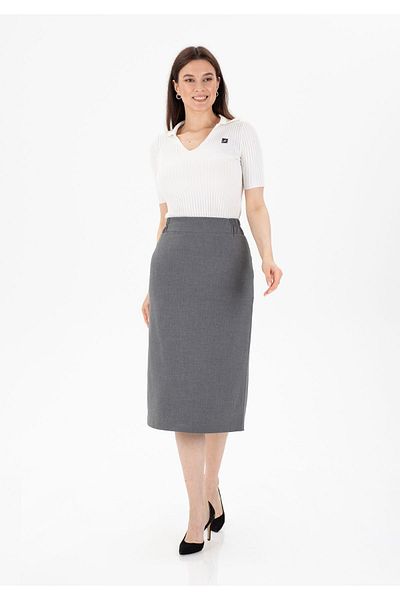 G-Line GrayMidiPencil Skirt - Back Slit, Zipper and Elastic Waist