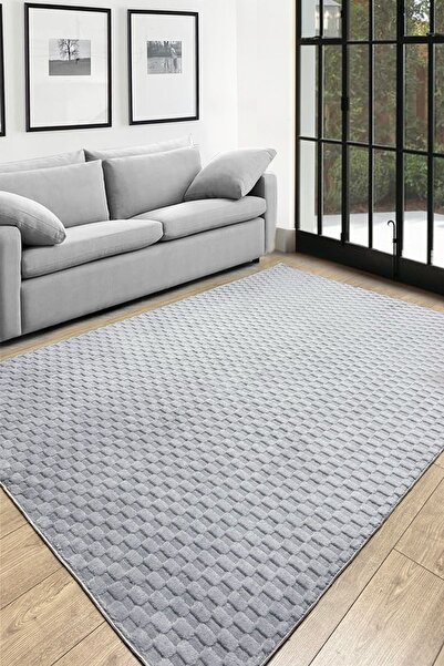 PINKIE HOME Gri Soft Tüylü Kabartmalı Ince Halı Salon Halısı Yatak Odası Halısı Yolluk Mutfak Halısı