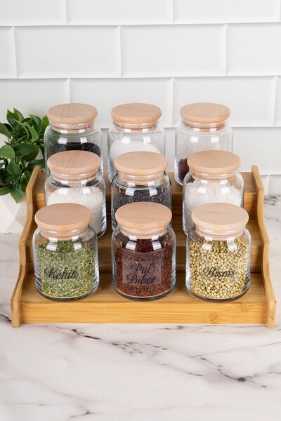 DNS HOME 9-Piece Glass Spice Rack Set with Clear Label - with Wooden Lid and Stand, 300 ml Storage Jar