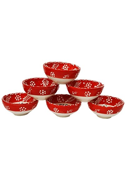 Otogar Çini 6 Pieces 8 cm Diameter Red Ceramic Bowl with Handmade Tile Motif