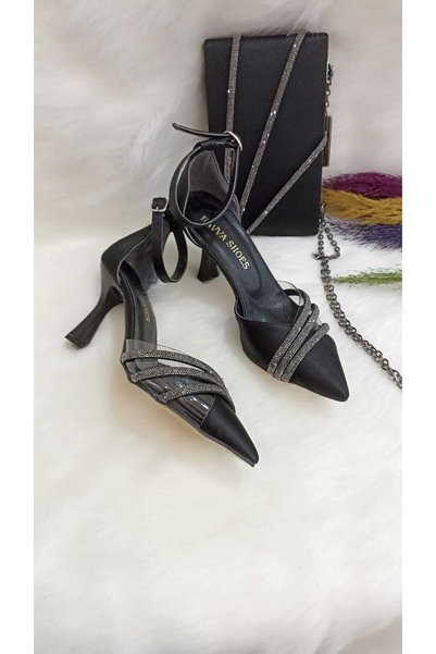 HAVVA SHOES Women's Black Satin Stone and Transparent Detailed Evening Shoes Portfolio