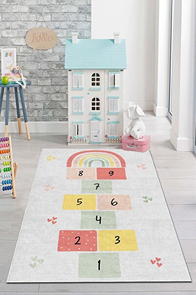PINKIE HOME Kaymaz Makinede Yıkanabilir Çocuk Odası Halısı Oyun Halısı Gökkuşağı Desenli Seksekli Halı-26