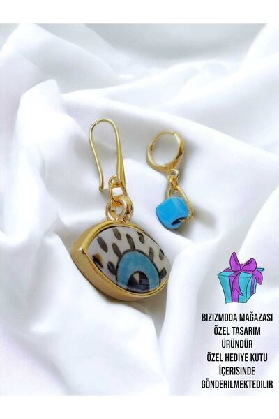 bizizmoda El Yapımı Seramik Göz Bodrum Cam Boncuk Mavi Gold Küpe