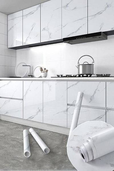 H Pp Hello Peoples White Marble Pattern Foil Kitchen Furniture - Adhesive, Easy Refresh