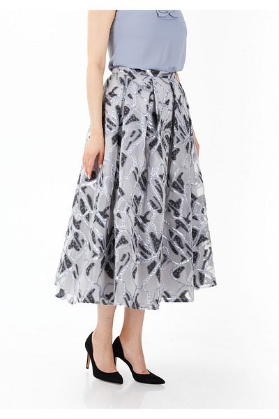 Guzella Patterned Glitter Organza - Silver-Grey Lined Midi Skirt